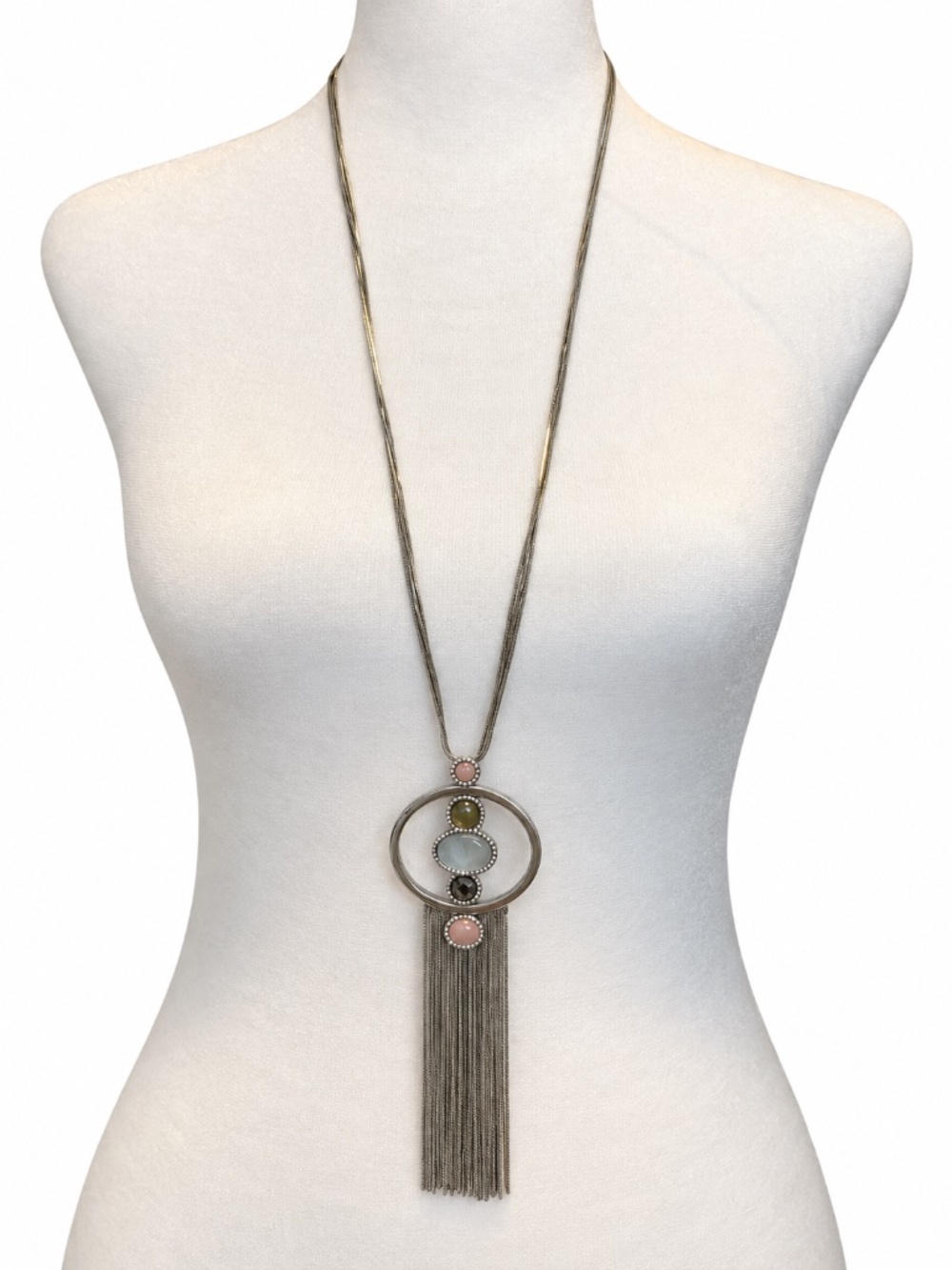White House Black Market Pink and Silver Long Fringe Pendant Necklace